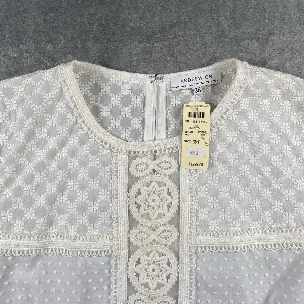 Andrew GN Top Womens Sz 6 FR 38 White Semi Sheer Blouse Lace Cotton Silk France - Picture 4 of 13